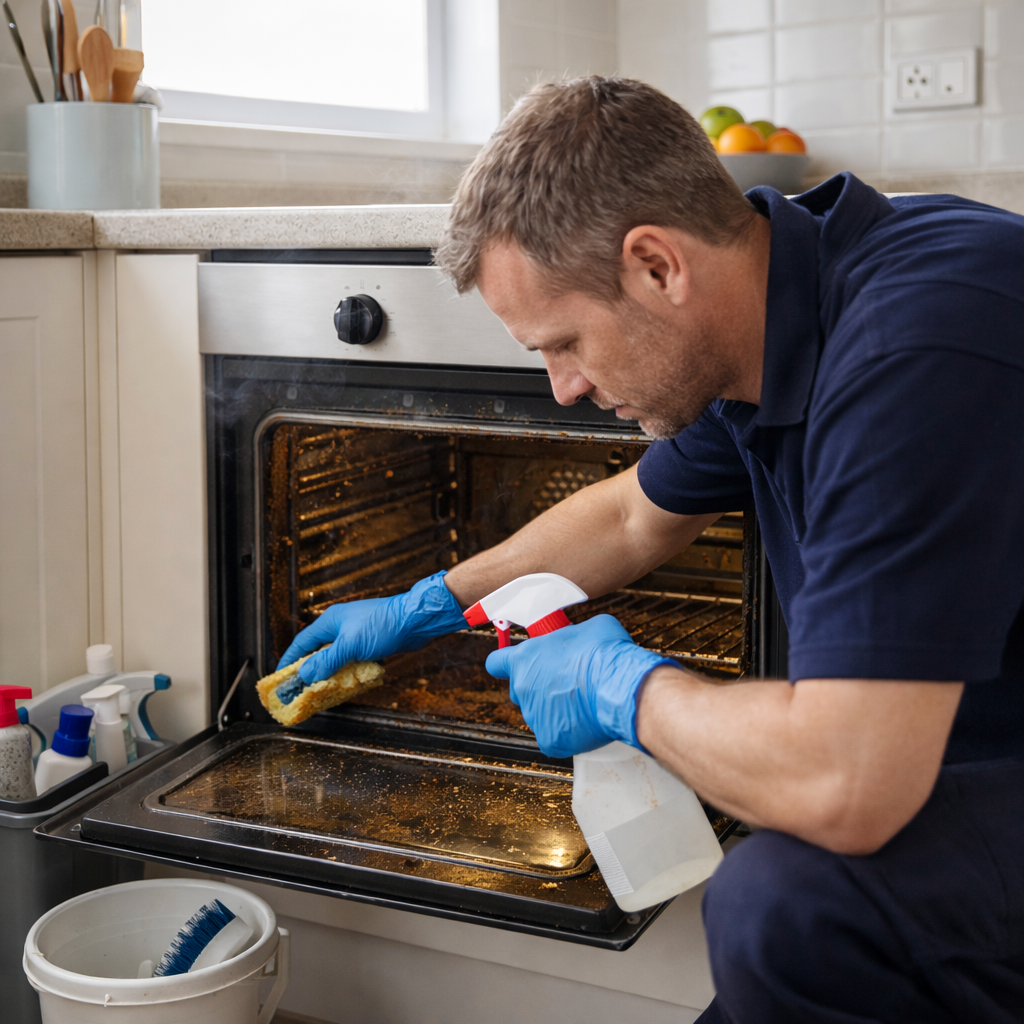 oven cleaner cleaning a dirty oven